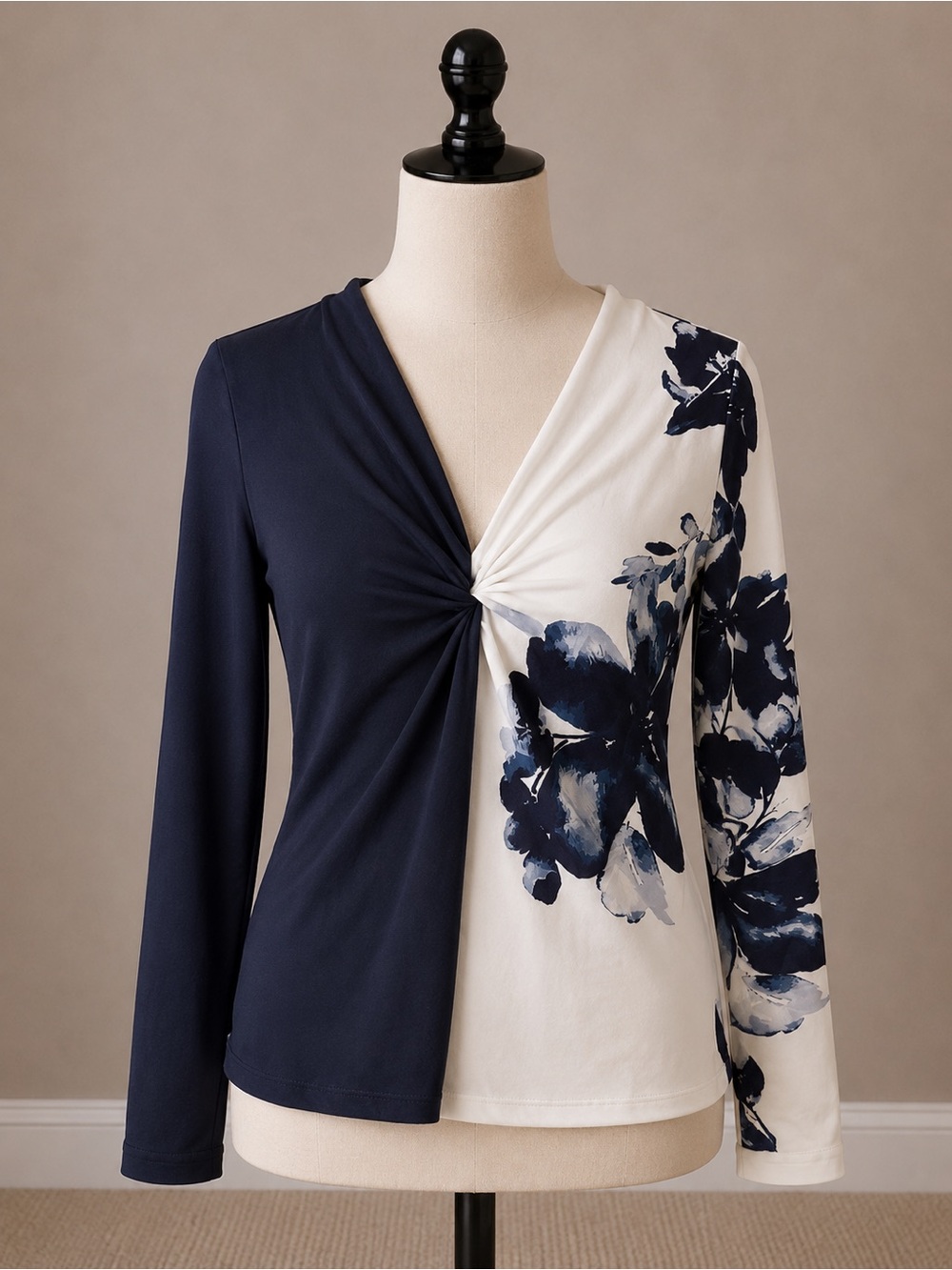 SHEIN Navy & White Twist-Front Floral Long Sleeve Top